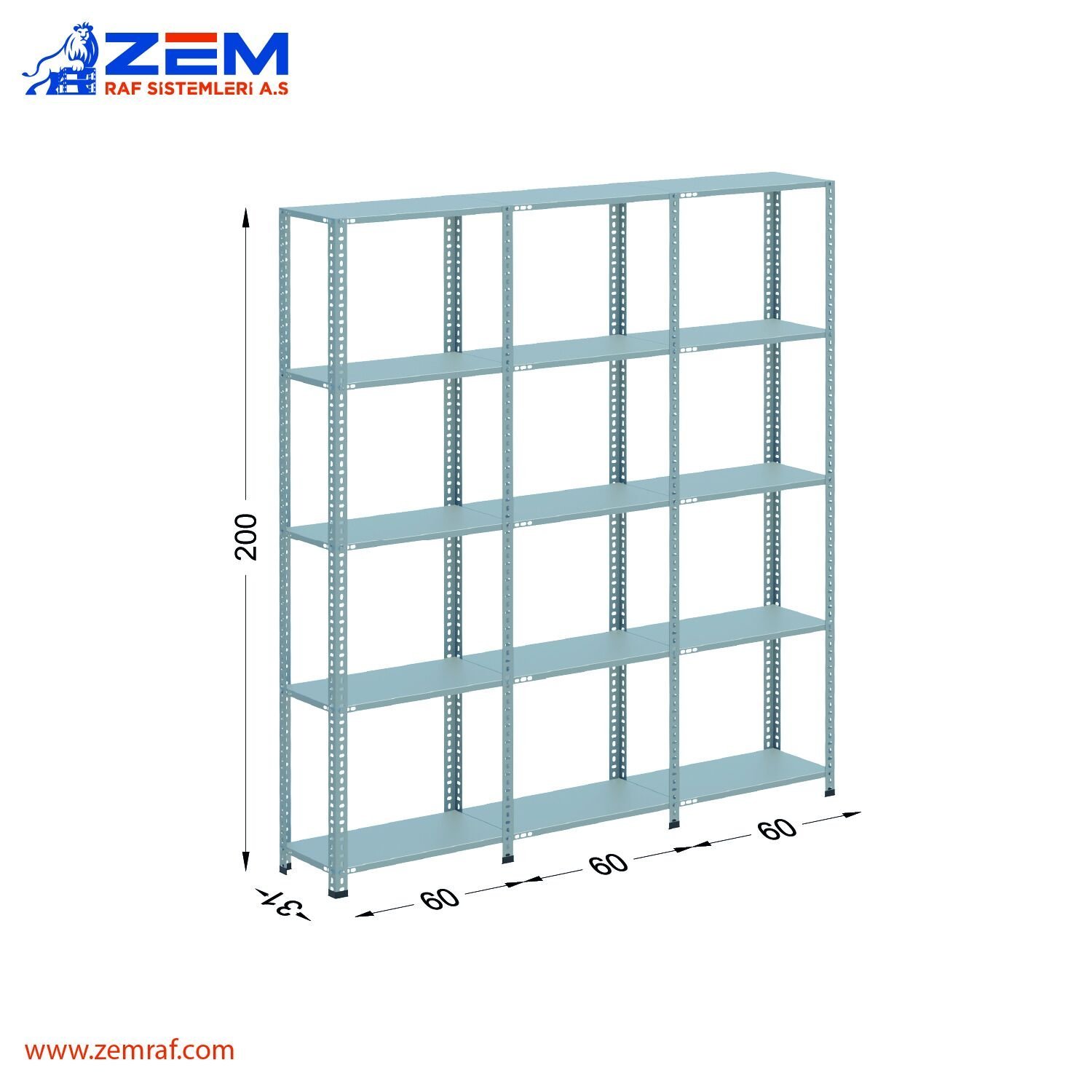 Çelik Raf 5 Katlı H: 200 cm 3'lü Set