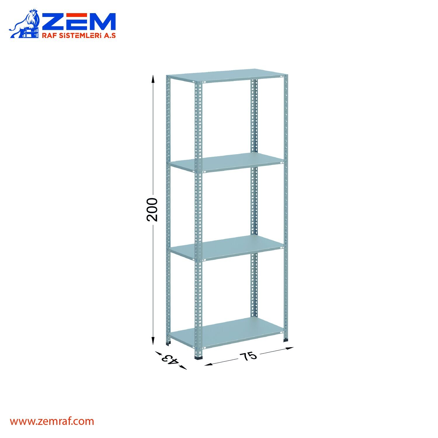 Çelik Raf 4 Katlı H: 200 cm 43X75