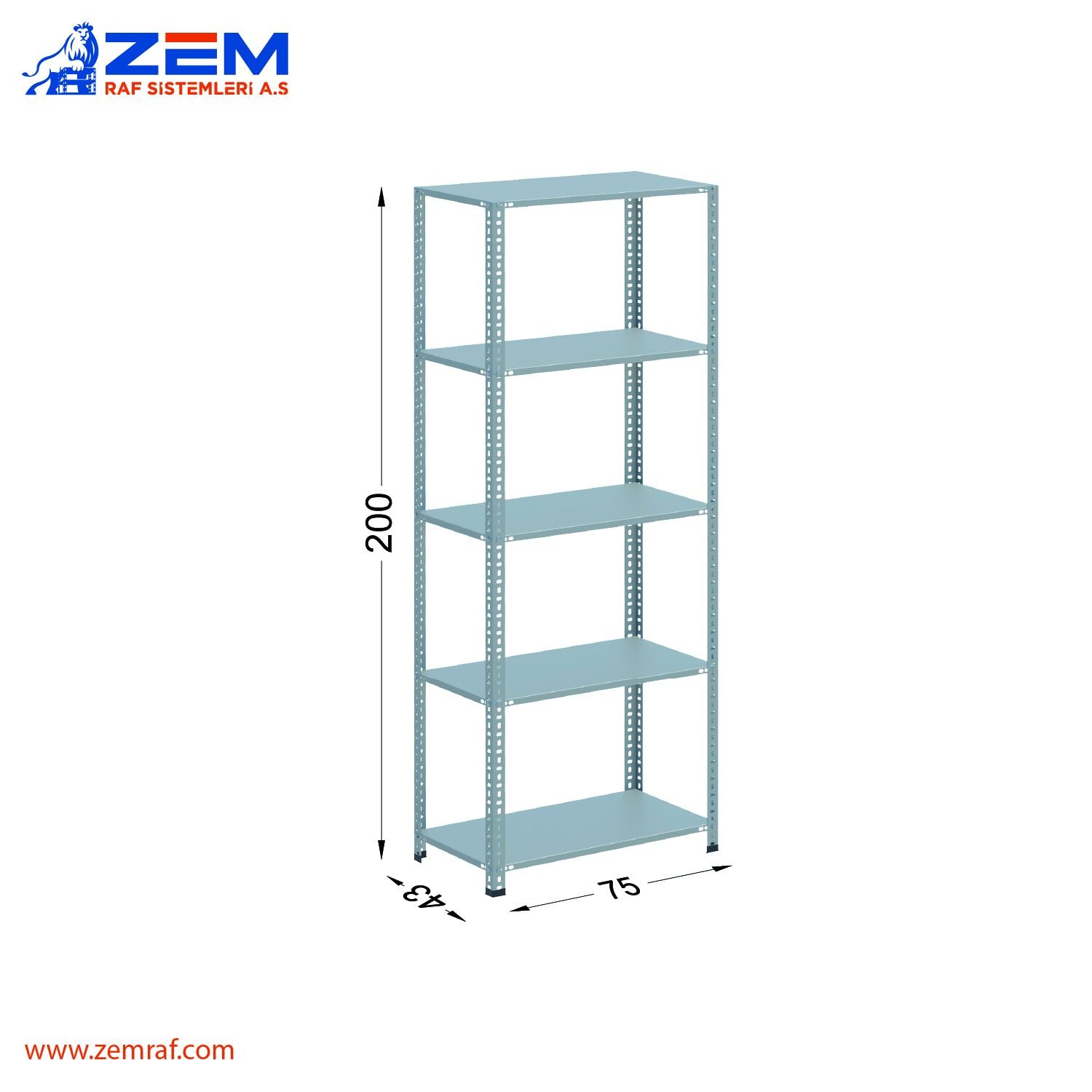 Çelik Raf 5 Katlı H: 200 cm 43X75