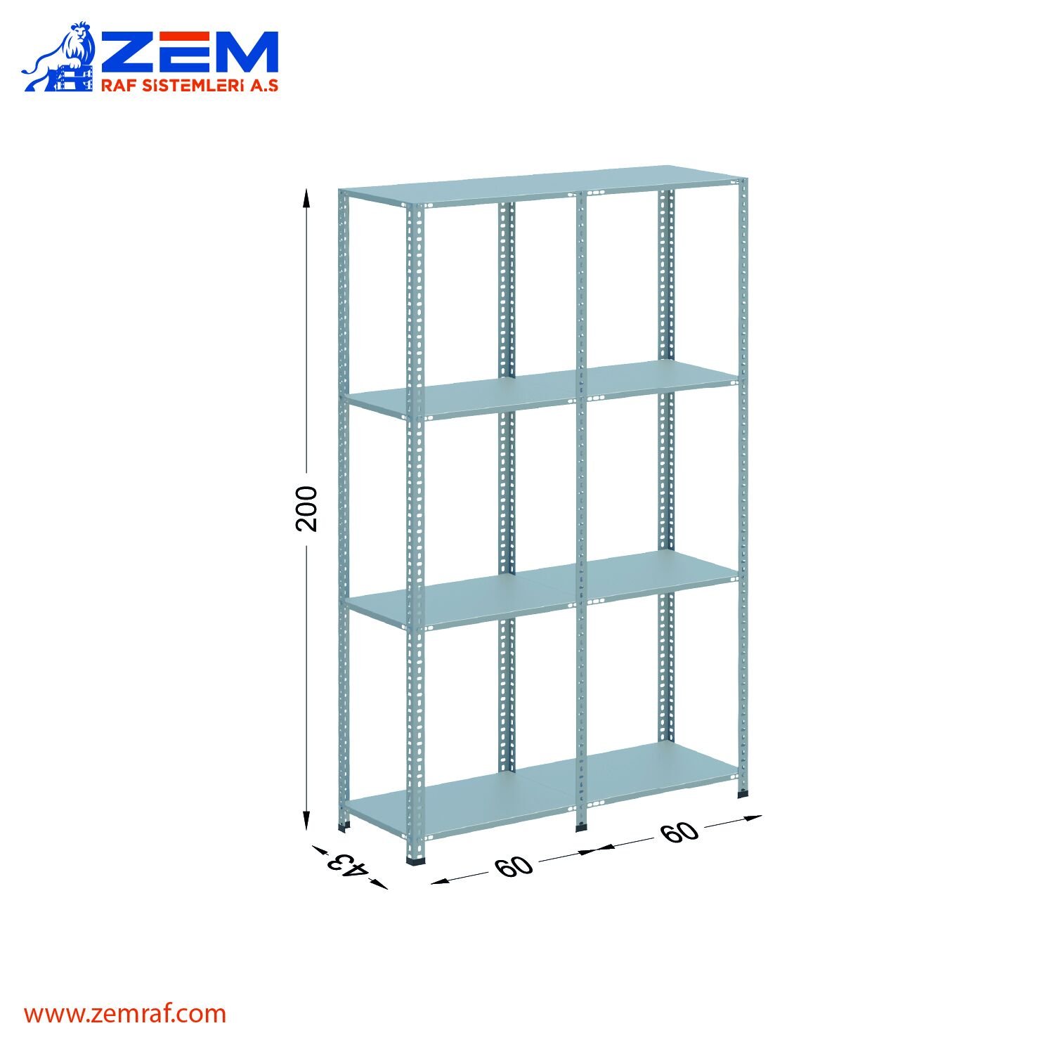 Çelik Raf 4 Katlı H: 200 cm 2'li Set 43X60