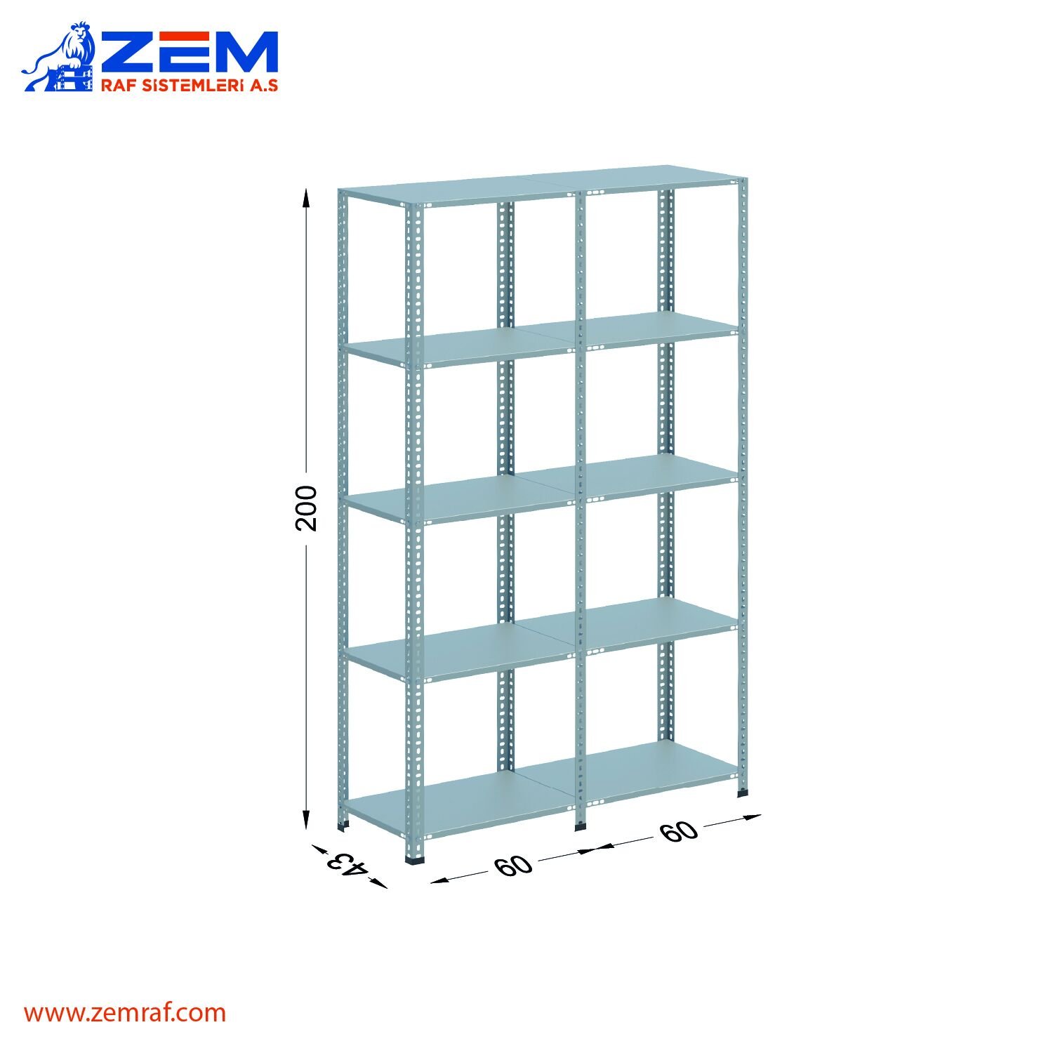 Çelik Raf 5 Katlı H: 200 cm 2'li Set 43X60