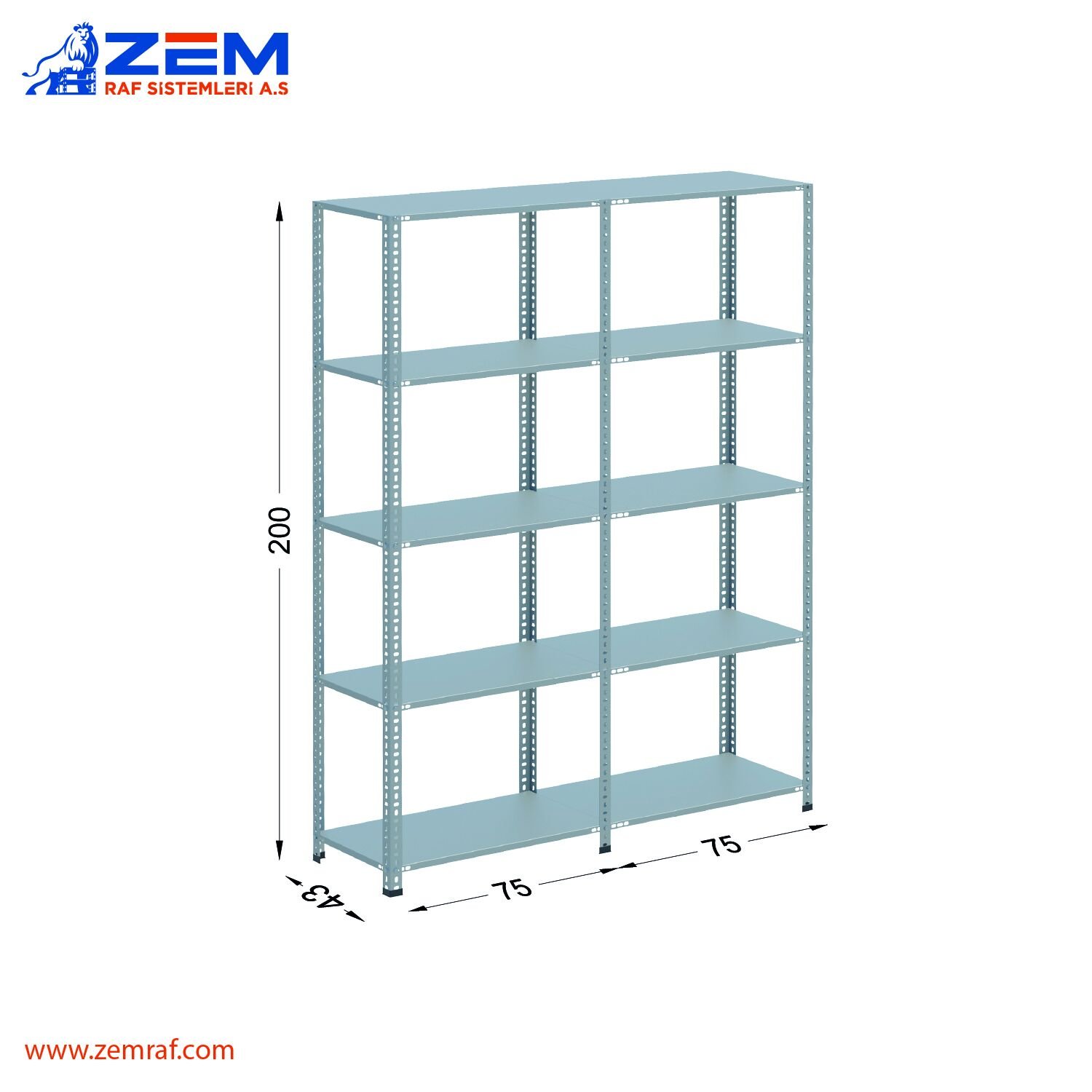 Çelik Raf 5 Katlı H: 200 cm 2'li Set 43X75