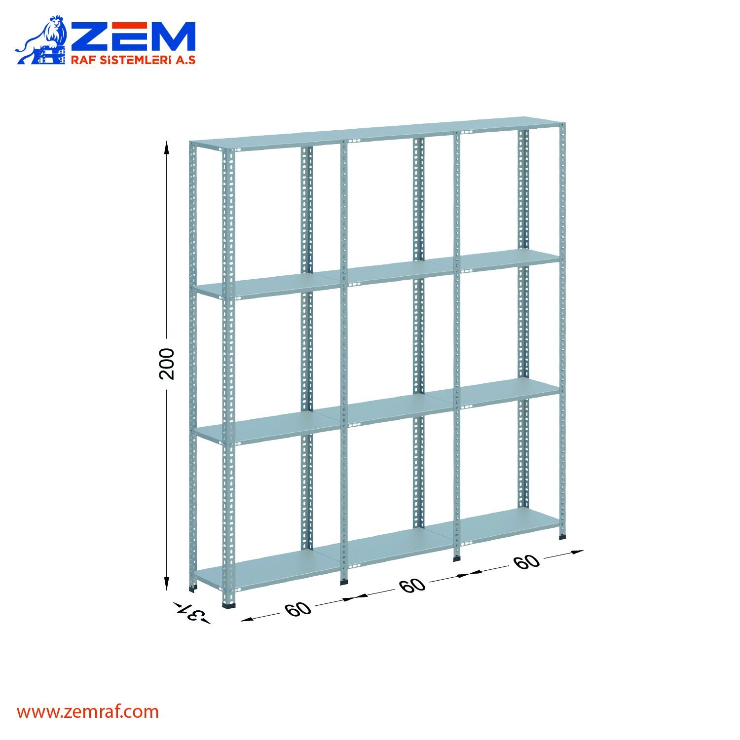 Çelik Raf 4 Katlı H: 200 cm 3'lü Set 31X60