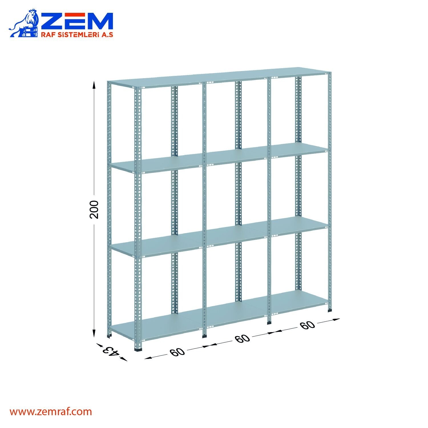 Çelik Raf 4 Katlı H: 200 cm 3'lü Set 43X60