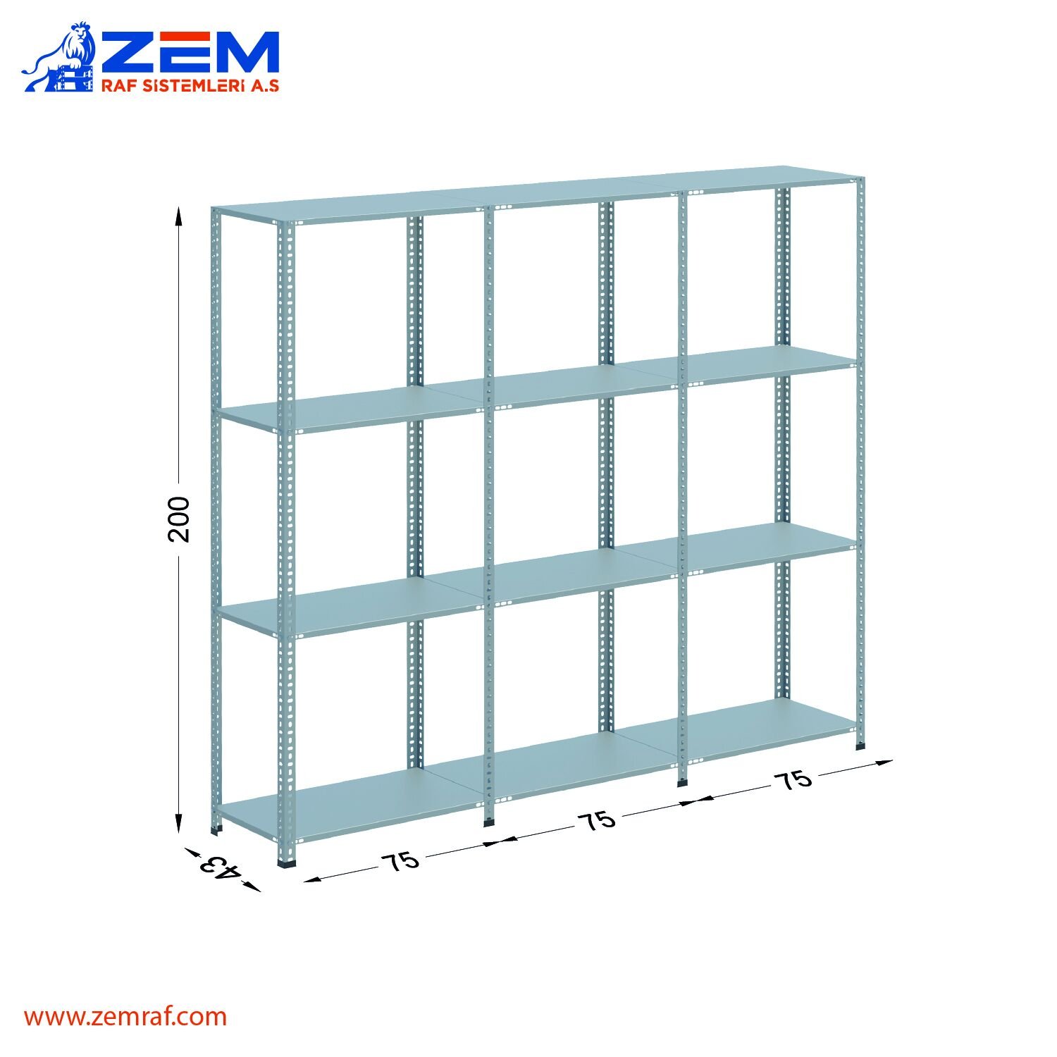 Çelik Raf 4 Katlı H: 200 cm 3'lü Set 43X75