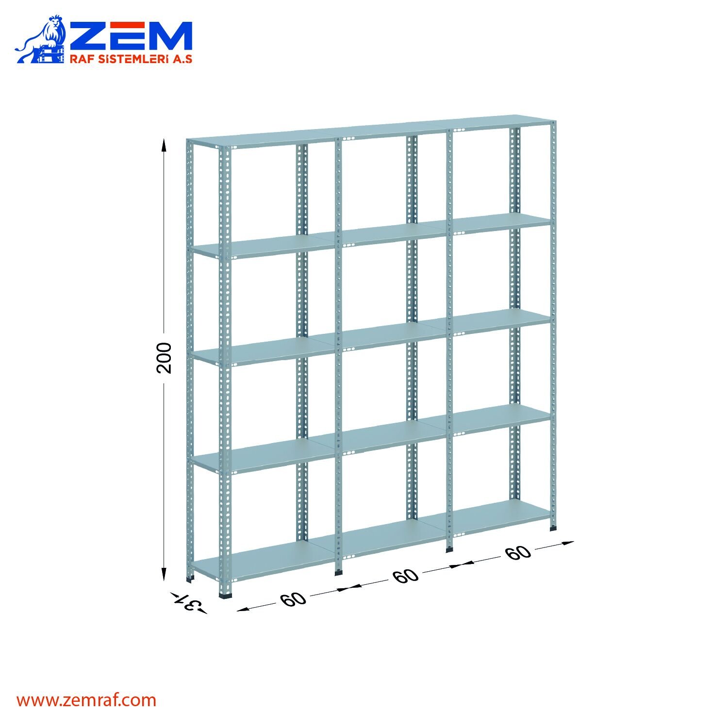 Çelik Raf 5 Katlı H: 200 cm 3'lü Set 31X60