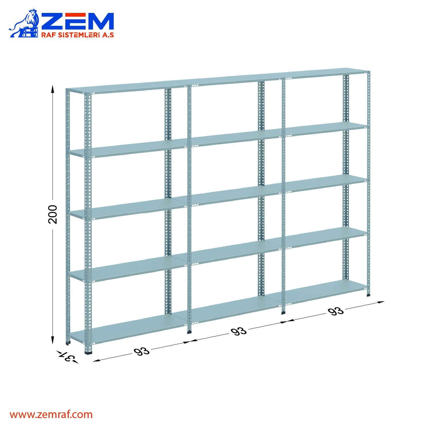Çelik Raf 5 Katlı H: 200 cm 3'lü Set 31X93