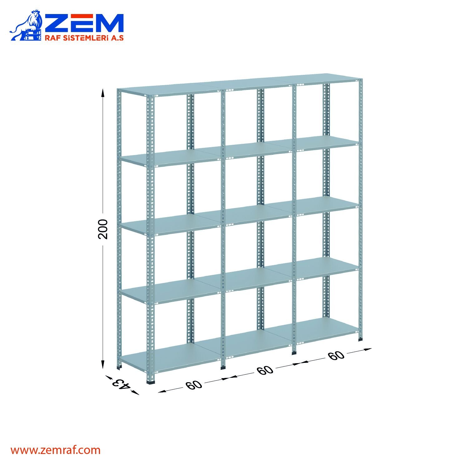 Çelik Raf 5 Katlı H: 200 cm 3'lü Set 43X60
