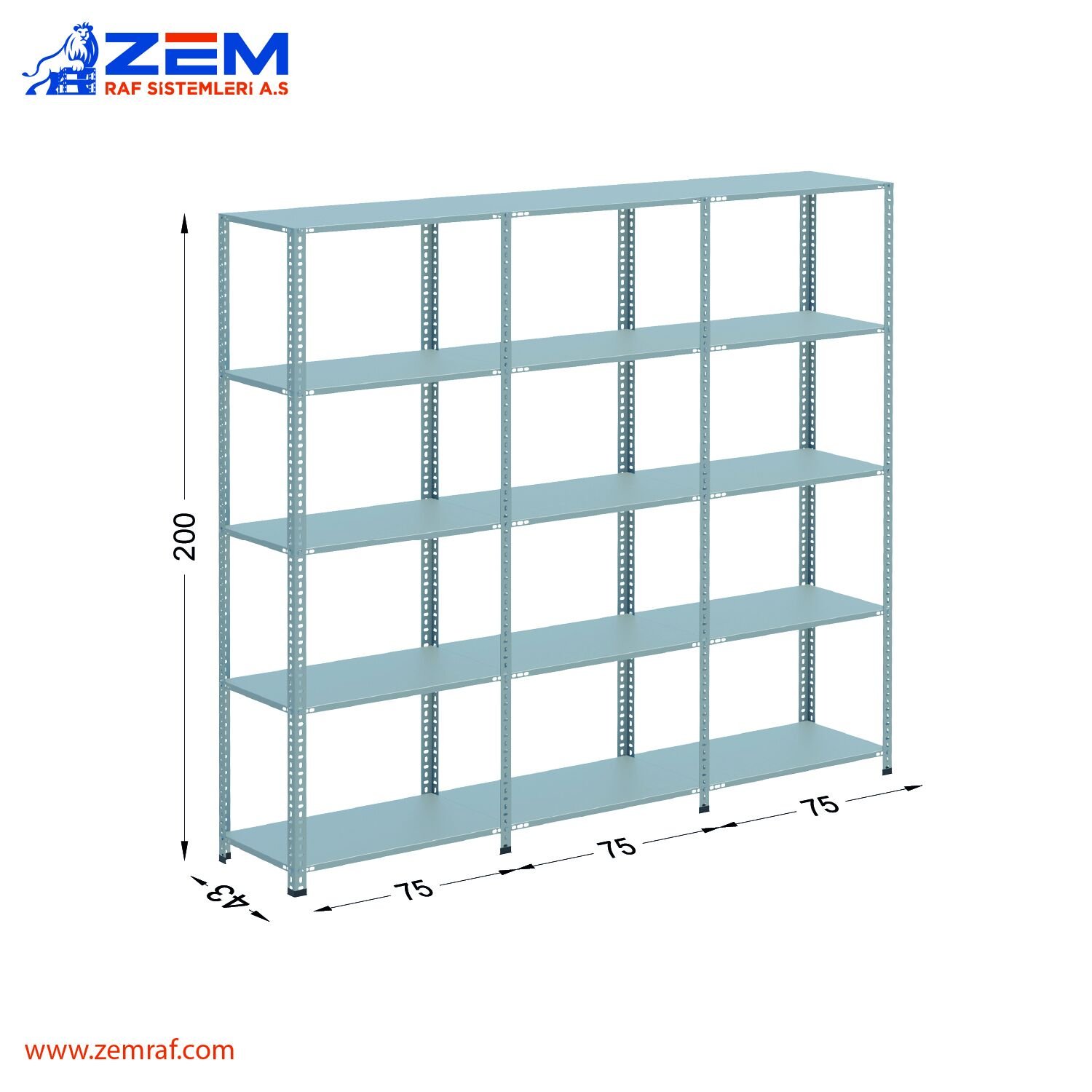Çelik Raf 5 Katlı H: 200 cm 3'lü Set 43X75