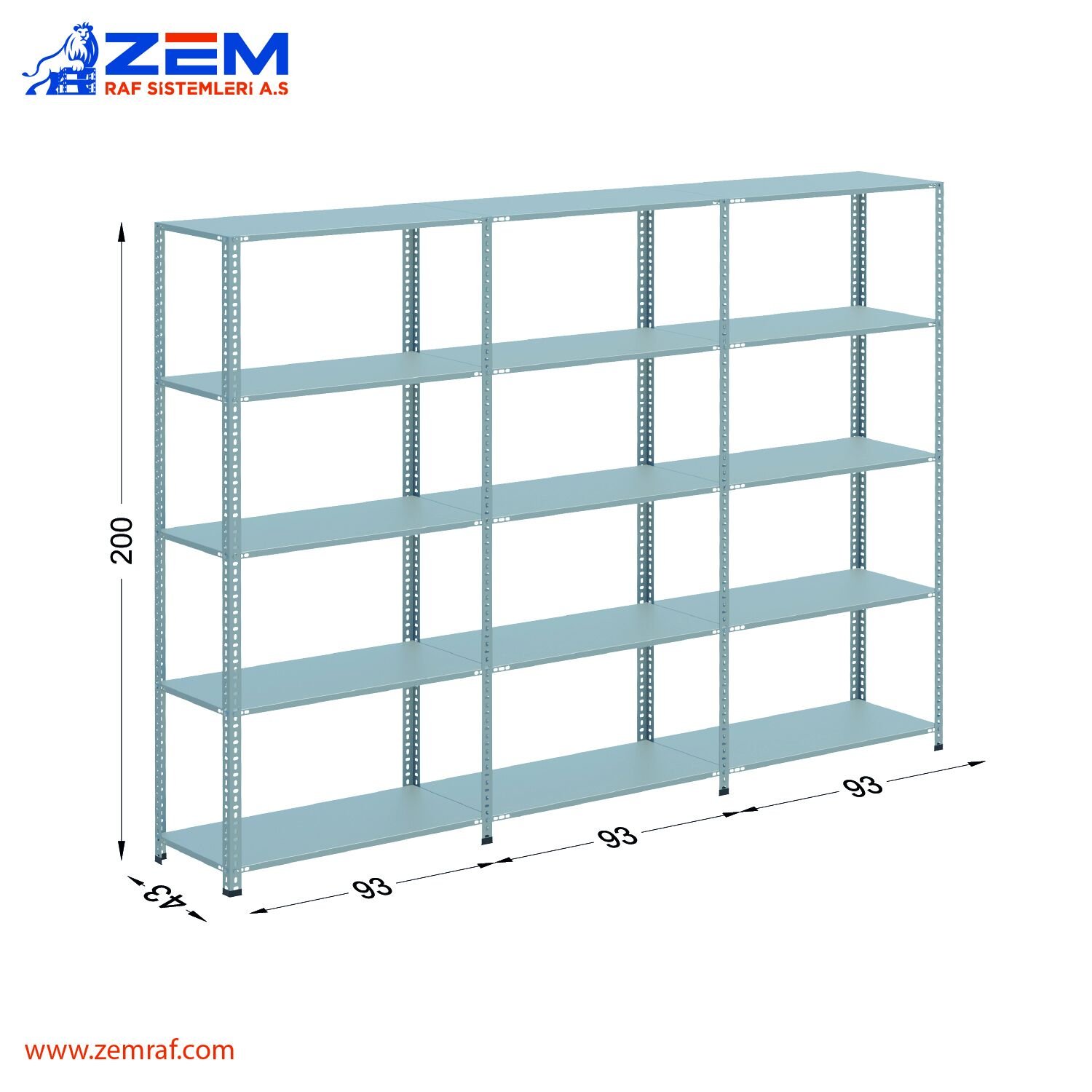 Çelik Raf 5 Katlı H: 200 cm 3'lü Set 43X93