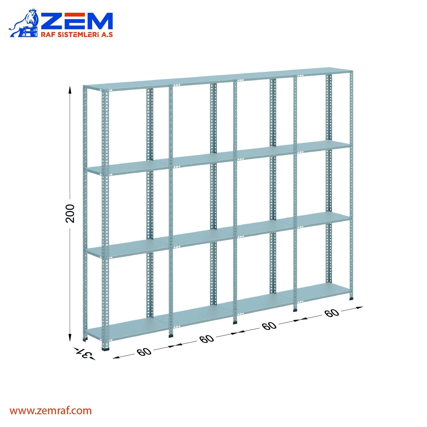 Çelik Raf 4 Katlı H: 200 cm 4'lü Set 31X60