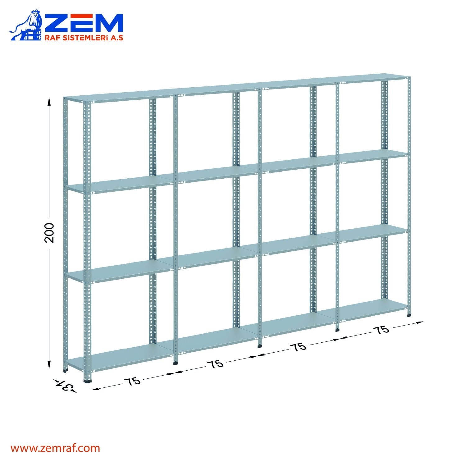 Çelik Raf 4 Katlı H: 200 cm 4'lü Set 31X75
