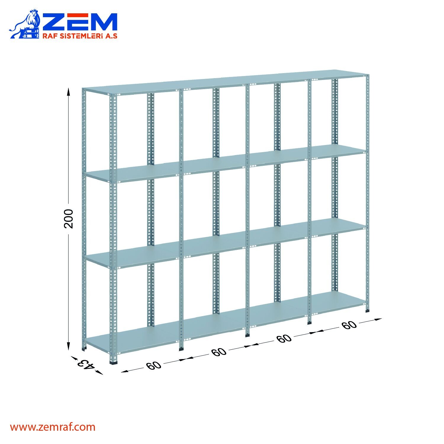 Çelik Raf 4 Katlı H: 200 cm 4'lü Set 43X60