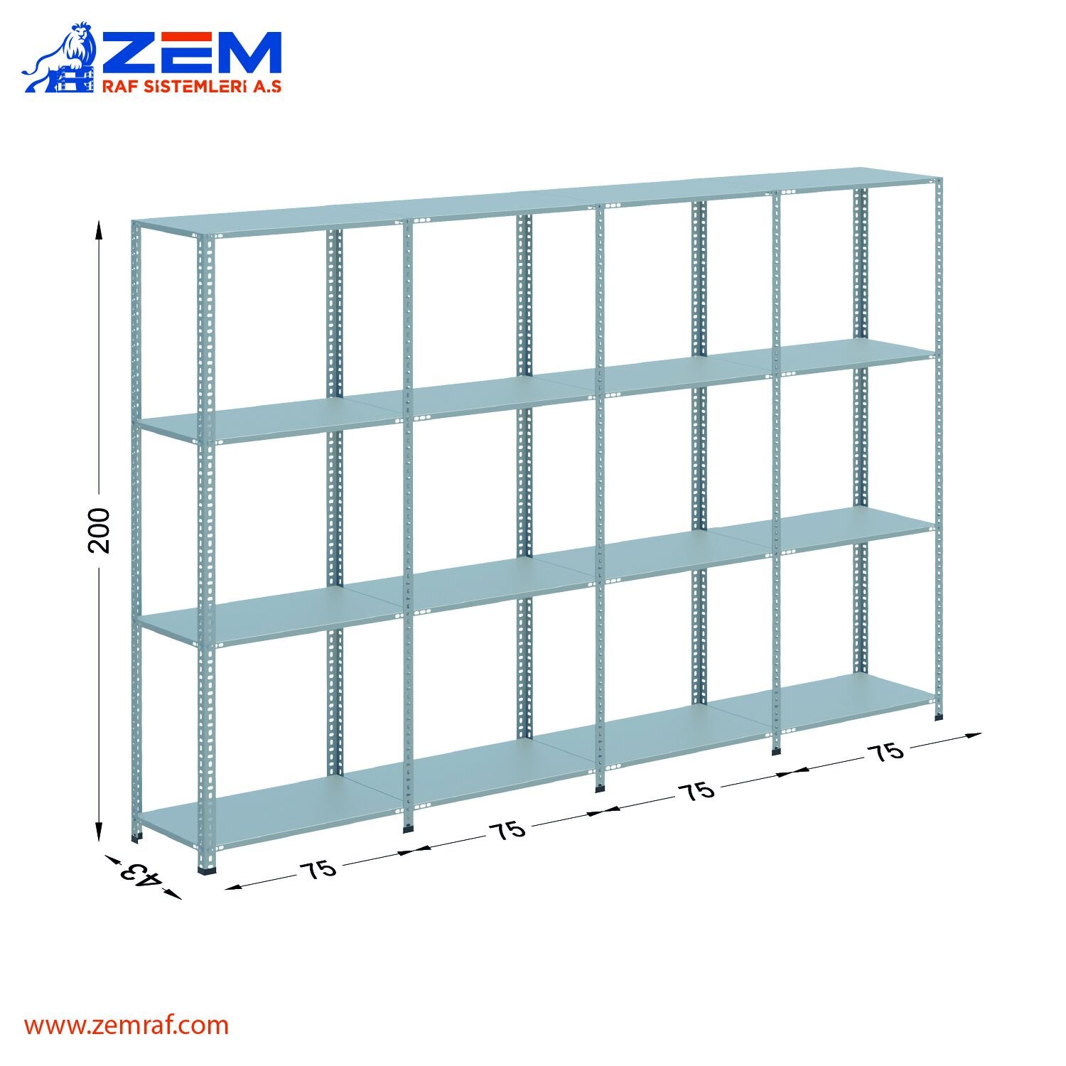Çelik Raf 4 Katlı H: 200 cm 4'lü Set 43X75