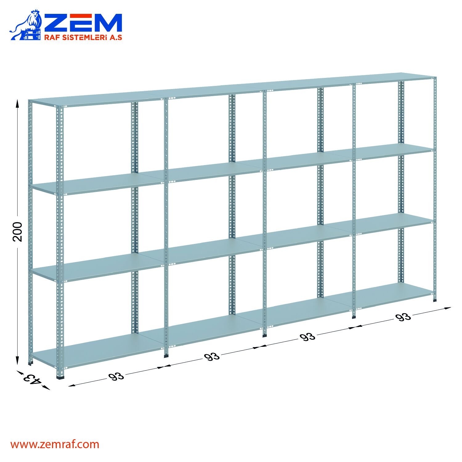 Çelik Raf 4 Katlı H: 200 cm 4'lü Set 43X93