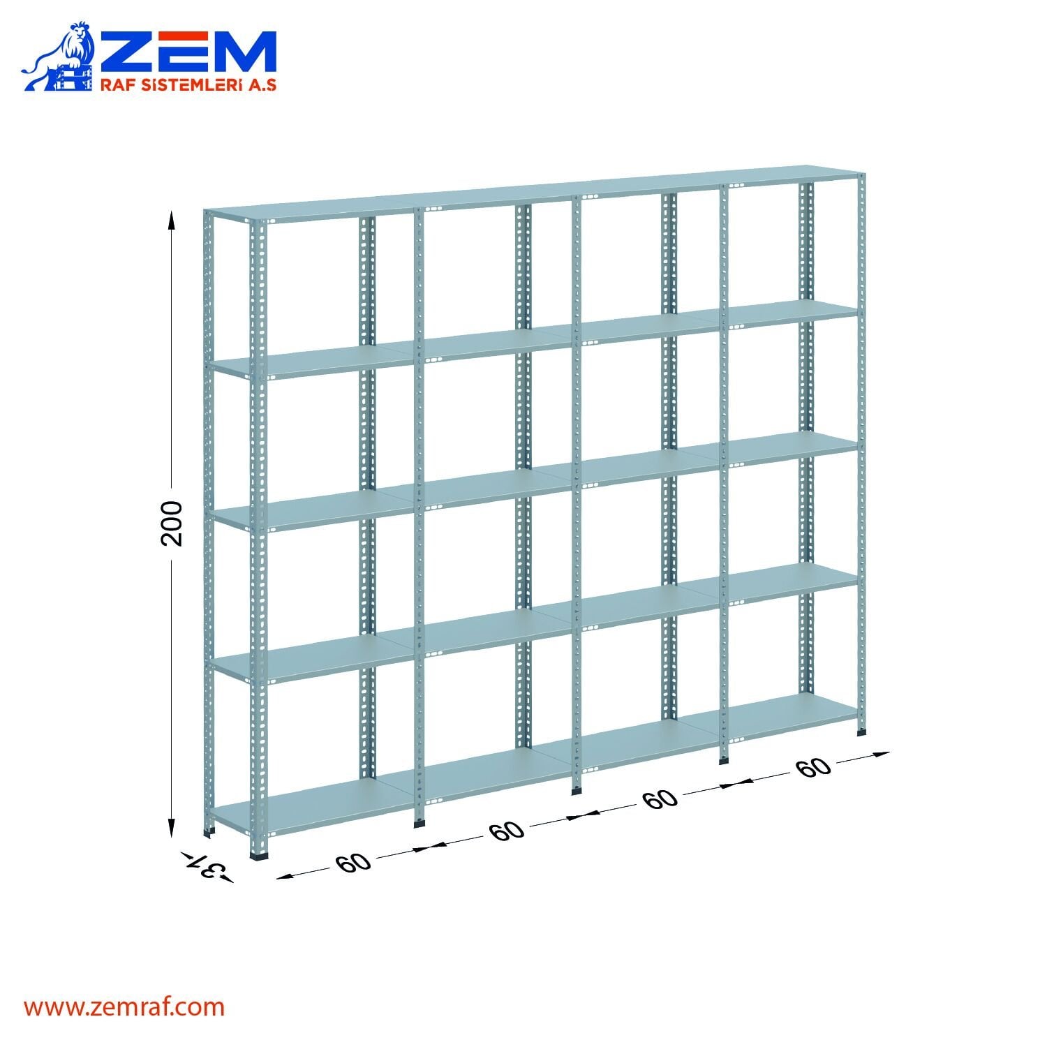 Çelik Raf 5 Katlı H: 200 cm 4'lü Set 31X60