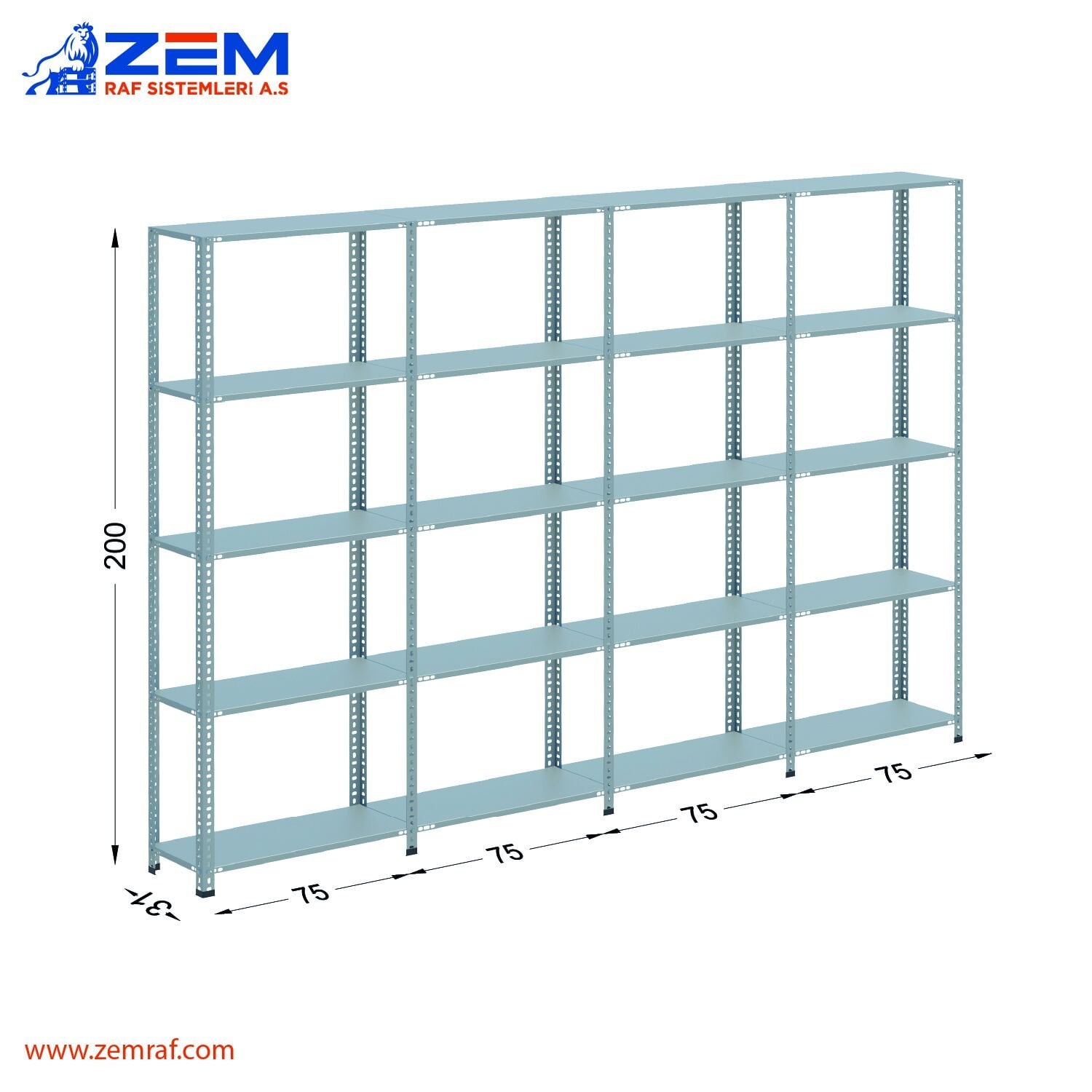 Çelik Raf 5 Katlı H: 200 cm 4'lü Set 31X75
