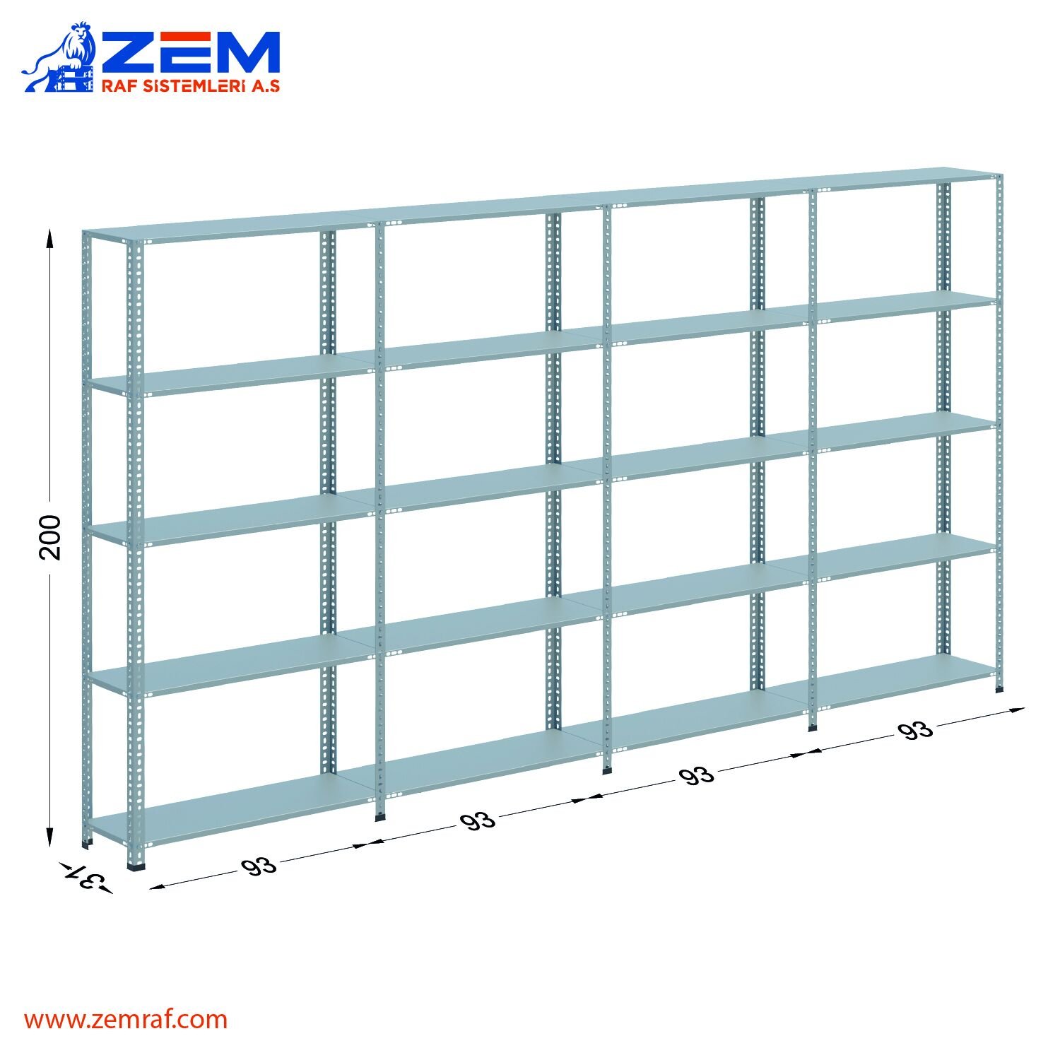 Çelik Raf 5 Katlı H: 200 cm 4'lü Set 31X93