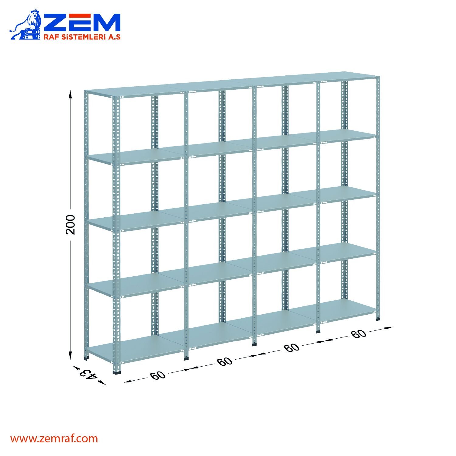 Çelik Raf 5 Katlı H: 200 cm 4'lü Set 43X60
