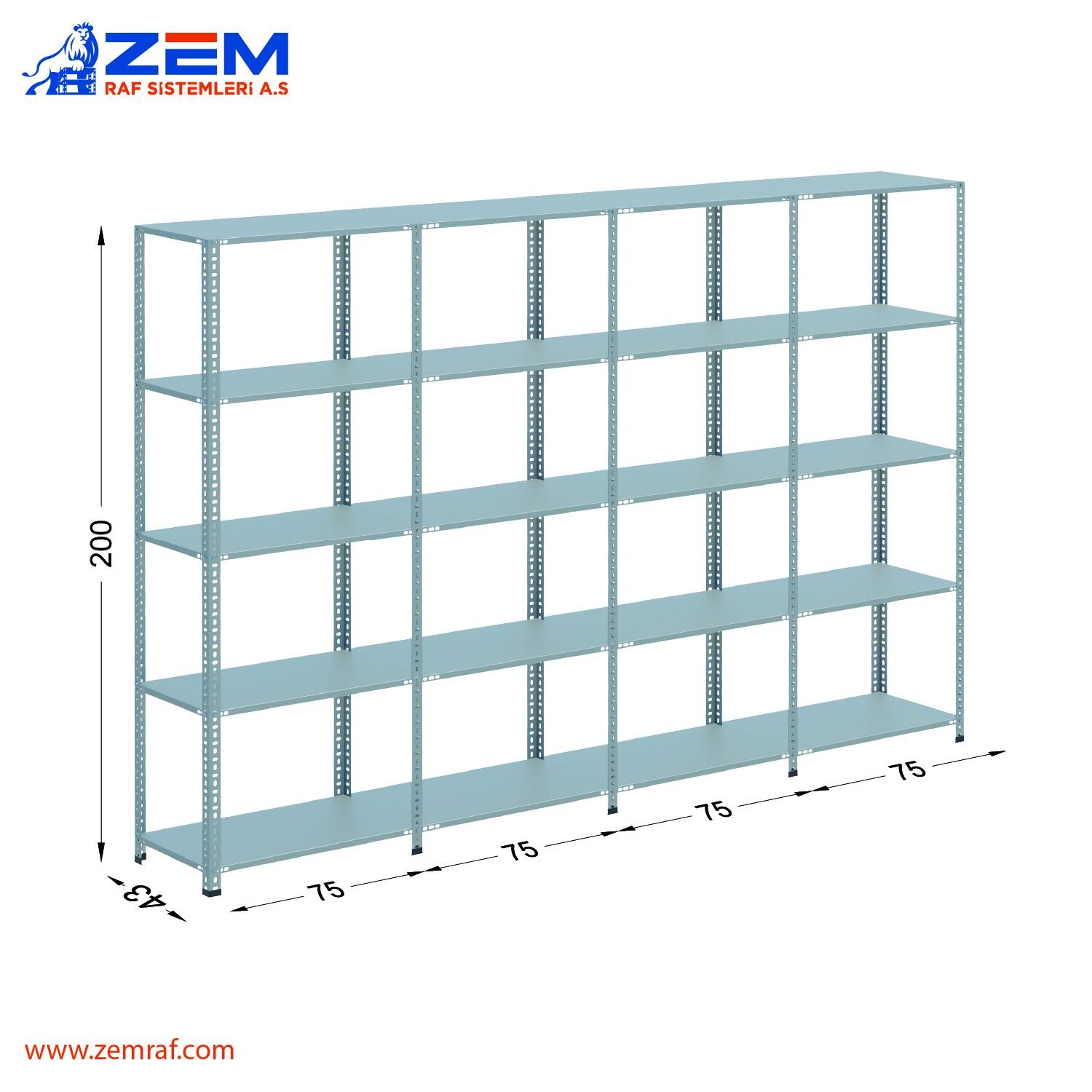Çelik Raf 5 Katlı H: 200 cm 4'lü Set 43X75