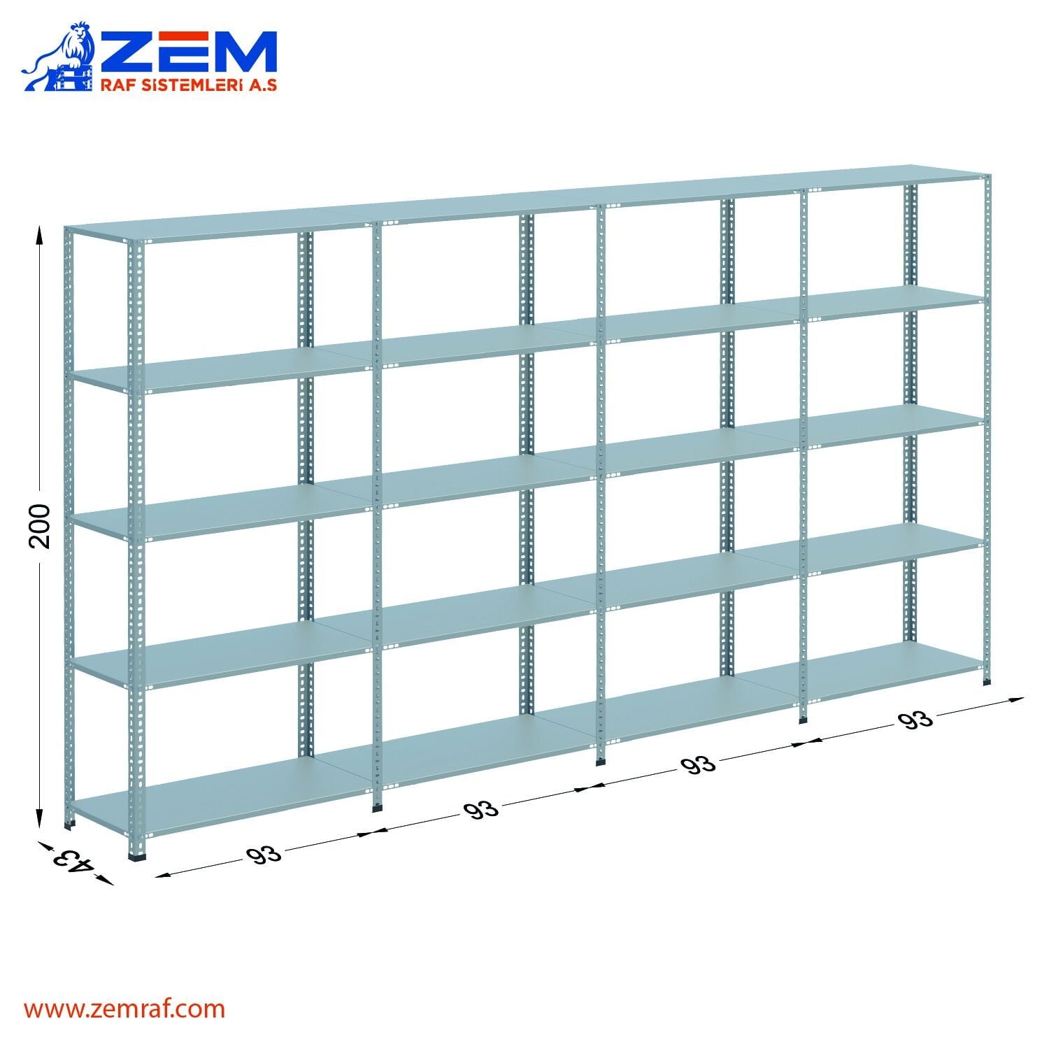 Çelik Raf 5 Katlı H: 200 cm 4'lü Set 43X93