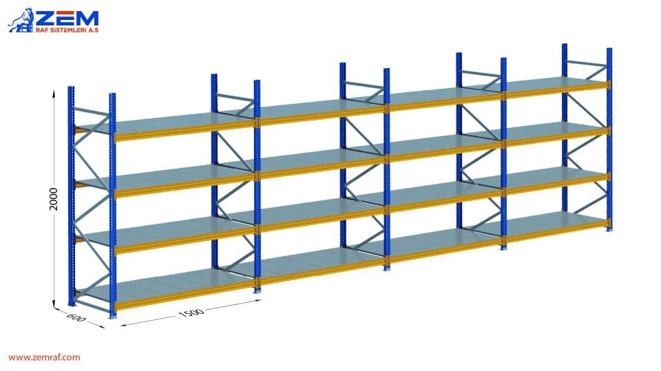 Hafif Depolama Ünitesi 4 Katlı H:2000 mm 4'lü Set Derinlik 600 mm - 1500 mm