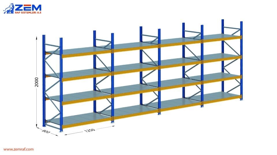 Hafif Depolama Ünitesi 4 Katlı H:2000 mm 4'lü Set Derinlik 800 mm - 1250 mm