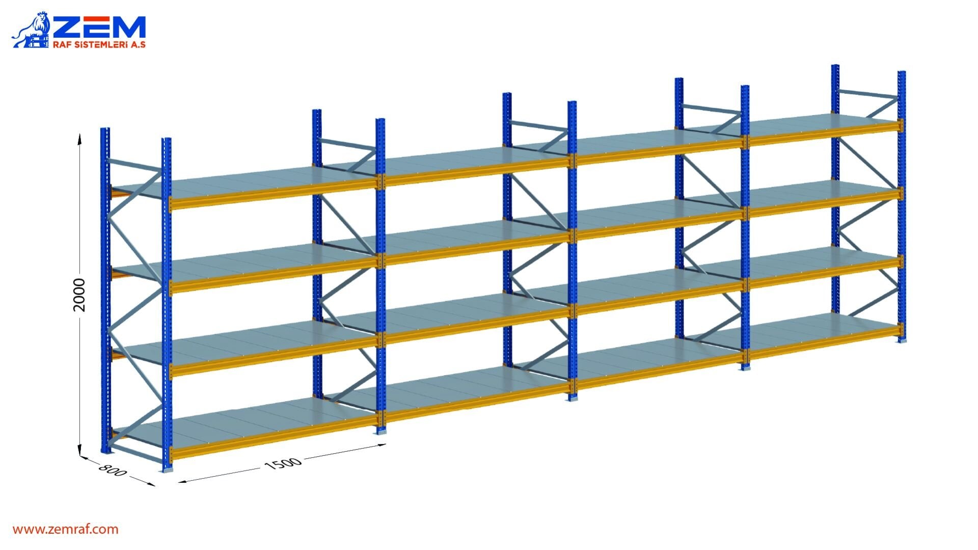 Hafif Depolama Ünitesi 4 Katlı H:2000 mm 4'lü Set Derinlik 800 mm - 1500 mm