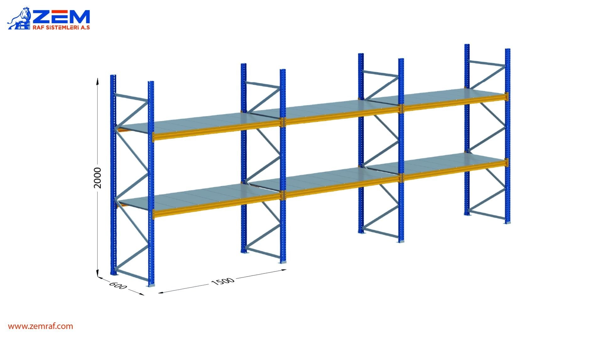 Hafif Depolama Ünitesi 2 Katlı H:2000 mm 3'lü Set Derinlik 600 mm - 1500 mm