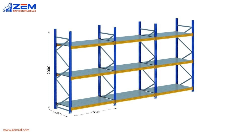 Hafif Depolama Ünitesi 3 Katlı H:2000 mm 3'lü Set Derinlik 600 mm - 1250 mm