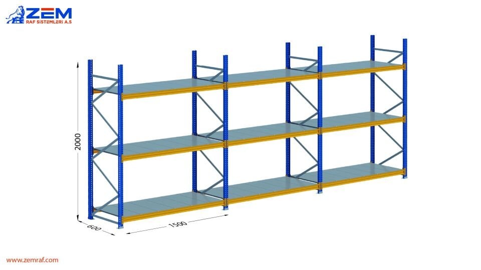 Hafif Depolama Ünitesi 3 Katlı H:2000 mm 3'lü Set Derinlik 600 mm - 1500 mm