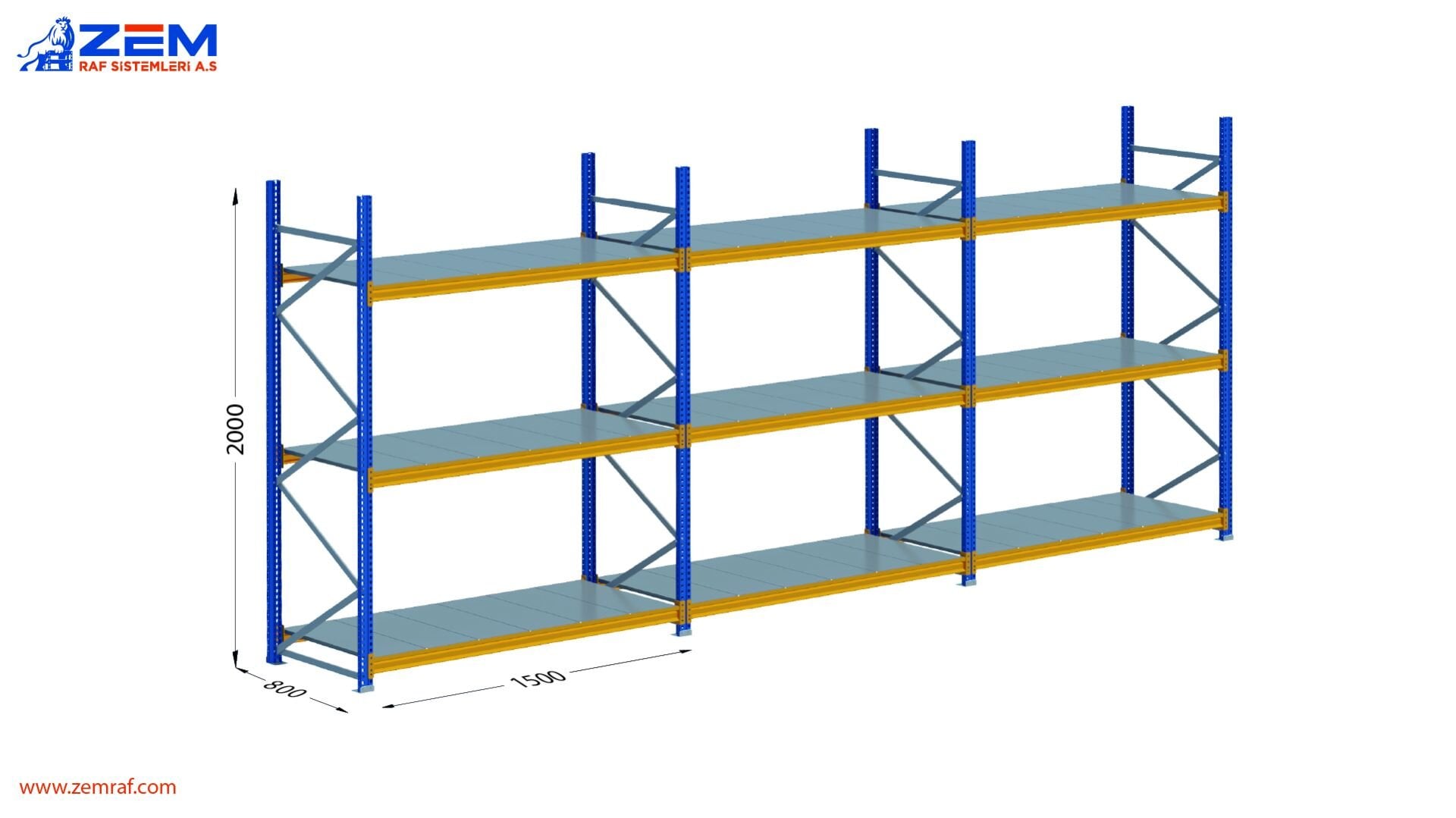 Hafif Depolama Ünitesi 3 Katlı H:2000 mm 3'lü Set Derinlik 800 mm - 1500 mm