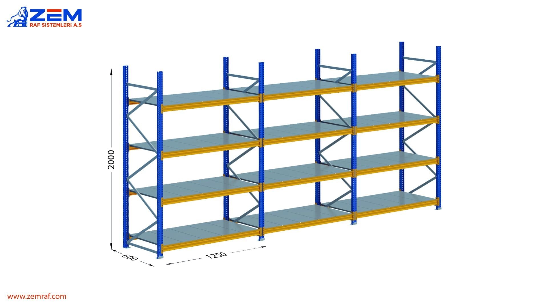 Hafif Depolama Ünitesi 4 Katlı H:2000 mm 3'lü Set Derinlik 600 mm - 1250 mm