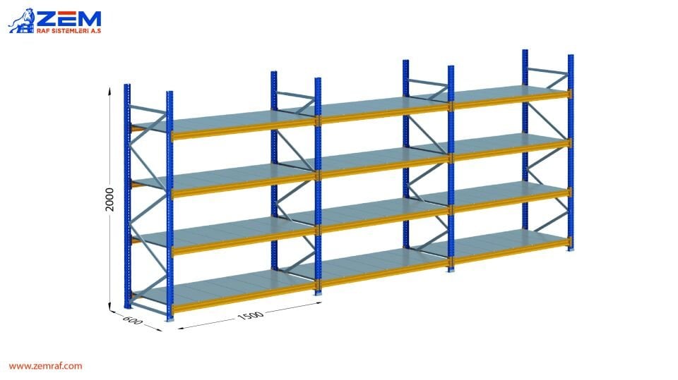 Hafif Depolama Ünitesi 4 Katlı H:2000 mm 3'lü Set Derinlik 600 mm - 1500 mm
