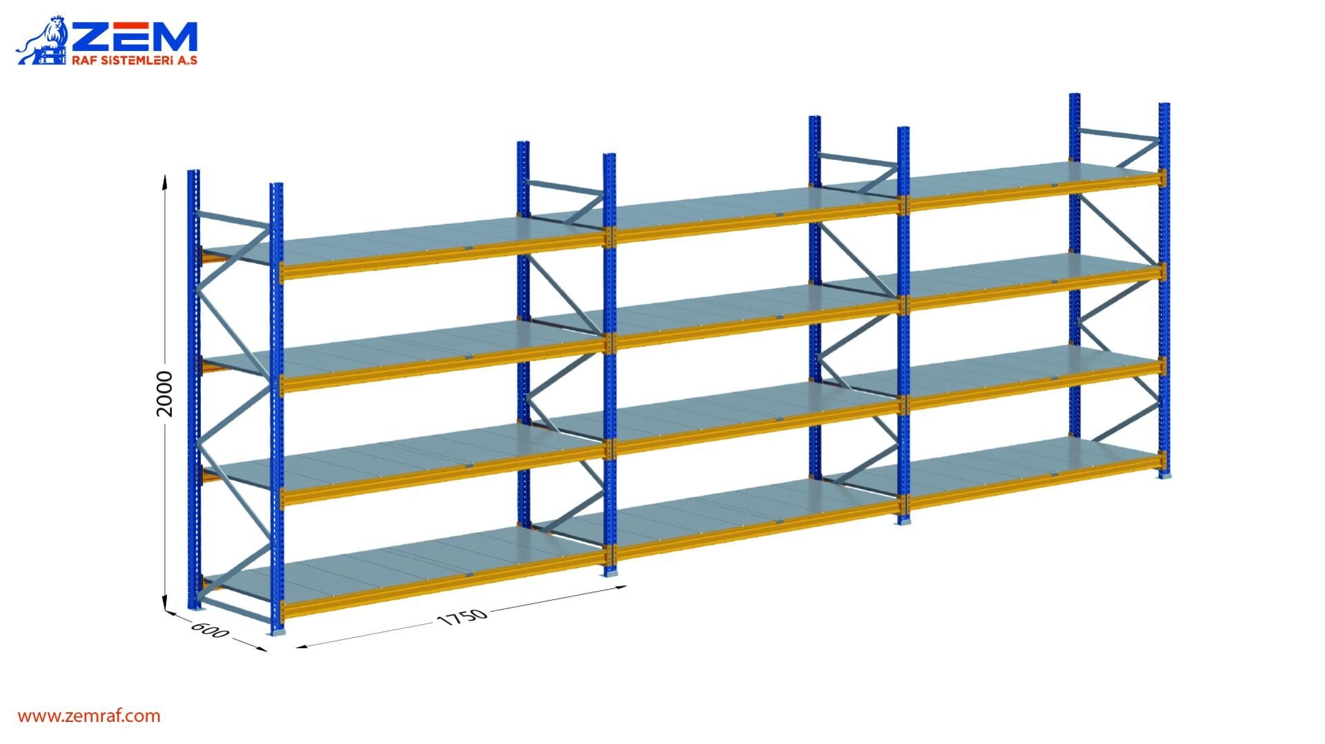 Hafif Depolama Ünitesi 4 Katlı H:2000 mm 3'lü Set Derinlik 600 mm - 1750 mm