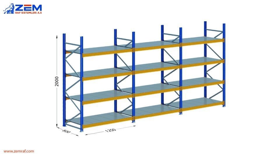 Hafif Depolama Ünitesi 4 Katlı H:2000 mm 3'lü Set Derinlik 800 mm - 1250 mm