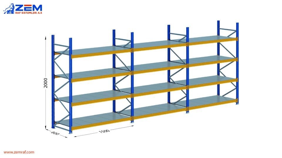 Hafif Depolama Ünitesi 4 Katlı H:2000 mm 3'lü Set Derinlik 800 mm - 1500 mm